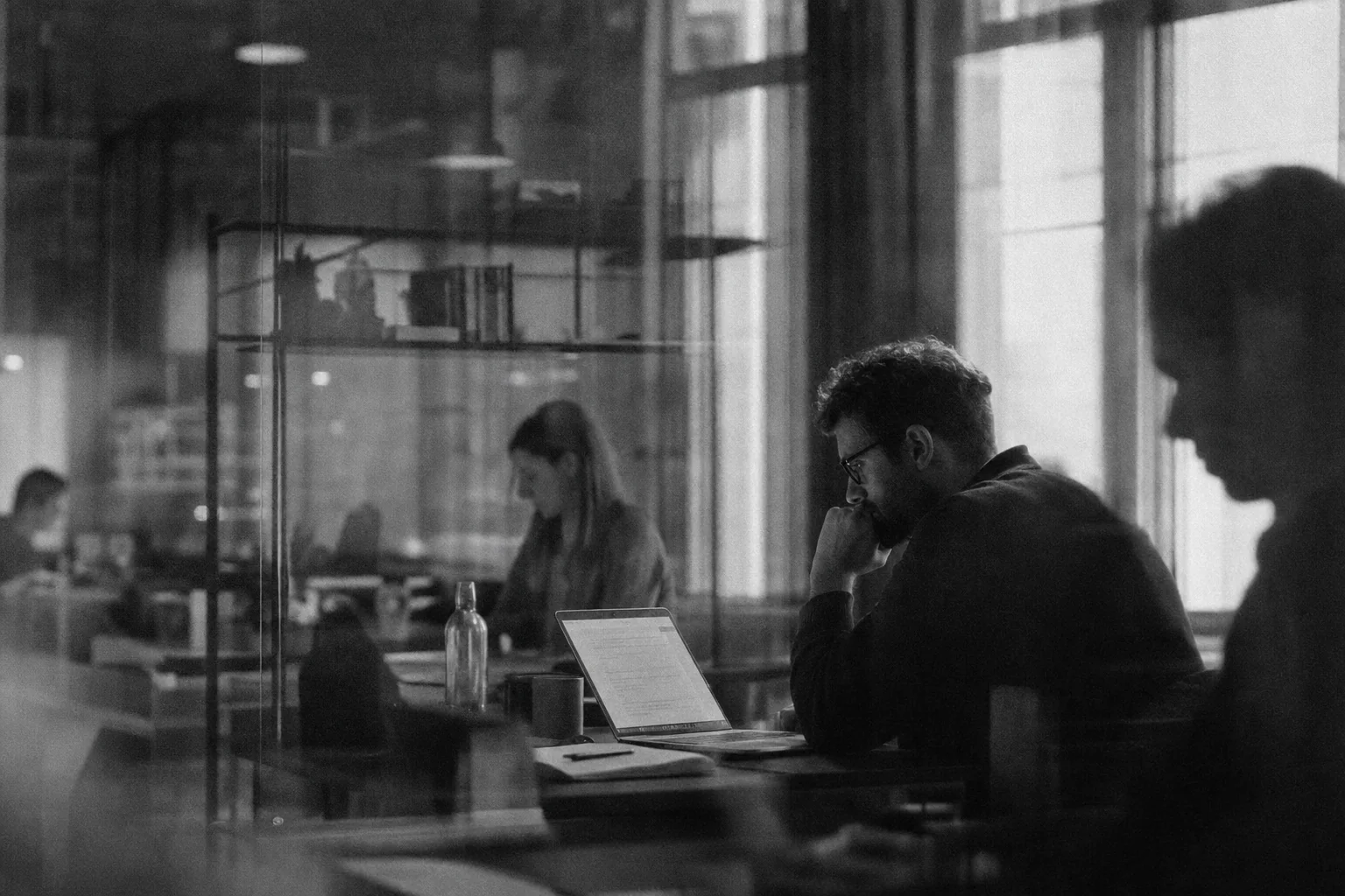 Arbeitsplätze in einem Großraumbüro mit Glastrennwänden